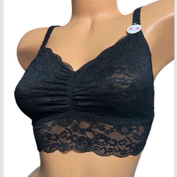 Victoria’s Secret Pink lace Unlined Ruched Front bralette bra black Medium - Picture 3 of 4